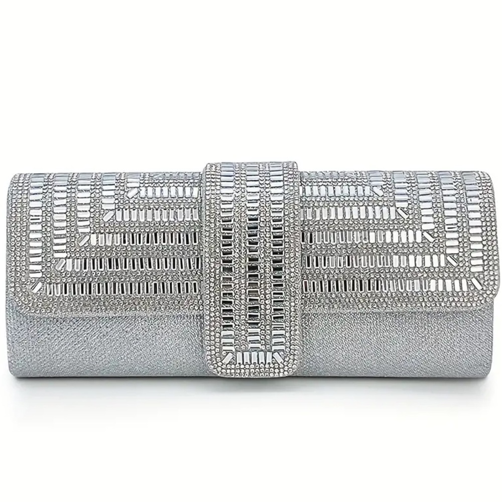 Silver Clutch with Intricate Cut-Out Design and Flap Closure